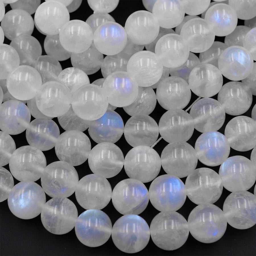 AAA Natural Rainbow Moonstone Round Beads 4mm 6mm 8mm 10mm 11mm 12mm 14mm Blue Flashes Super Translucent Gemstone 15.5" Strand