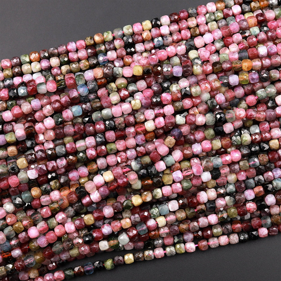Natural Tourmaline Faceted 4mm 5mm 6mm Cube Square Dice Beads Watermelon Pink Green Red Blue Gemstone 15.5" Strand