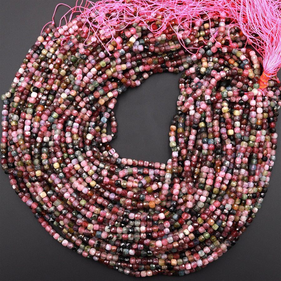 Natural Tourmaline Faceted 4mm 5mm 6mm Cube Square Dice Beads Watermelon Pink Green Red Blue Gemstone 15.5" Strand