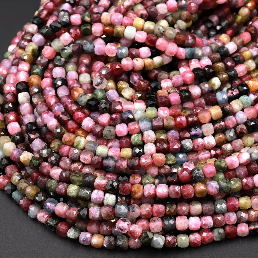 Natural Tourmaline Faceted 4mm 5mm 6mm Cube Square Dice Beads Watermelon Pink Green Red Blue Gemstone 15.5" Strand