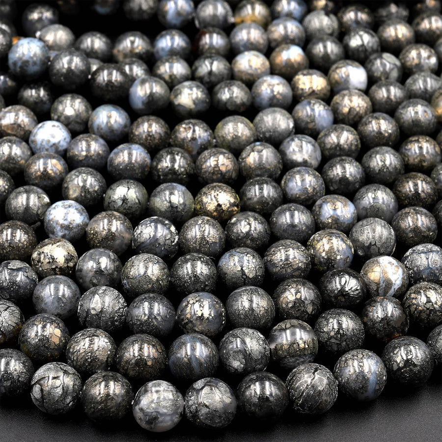Rare Nipomo Marcasite Agate From California Natural Pyrite in Agate 6mm 8mm 10mm Round Beads Powerful Manifestation Stone 15.5" Strand