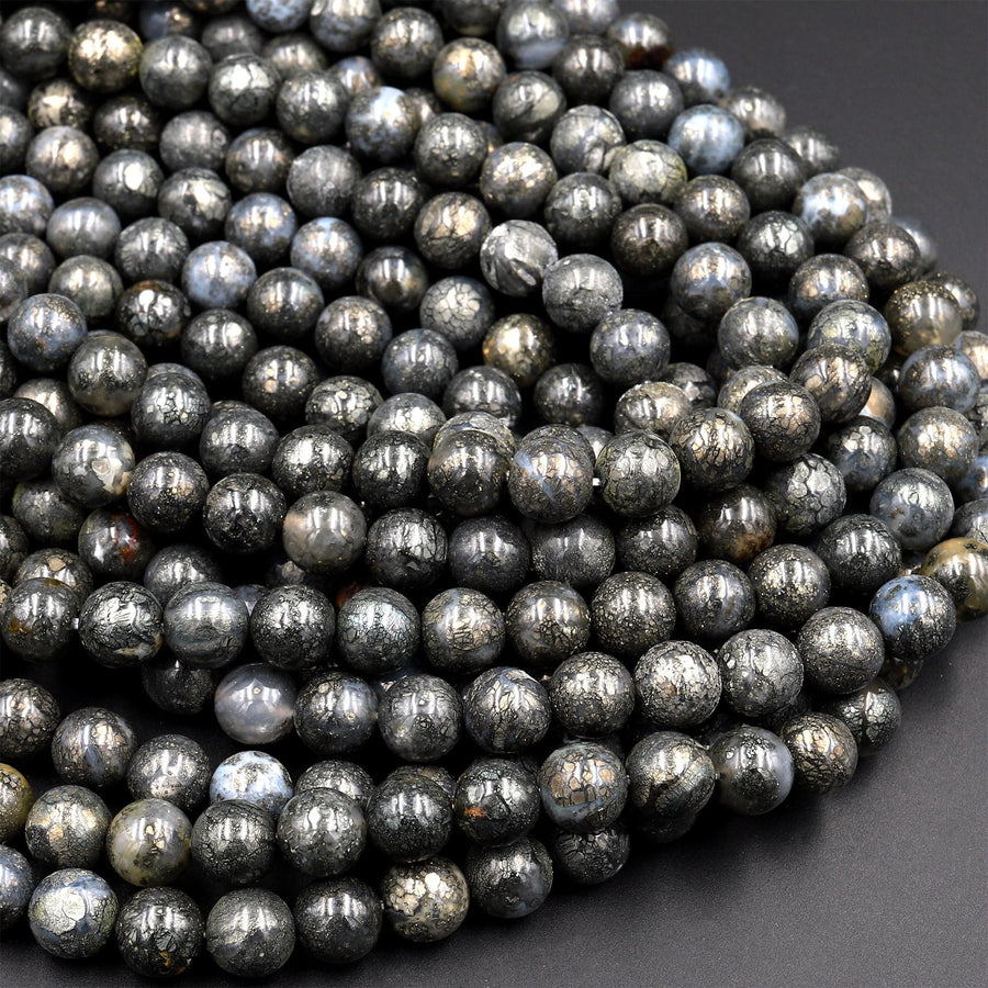 Rare Nipomo Marcasite Agate From California Natural Pyrite in Agate 6mm 8mm 10mm Round Beads Powerful Manifestation Stone 15.5" Strand