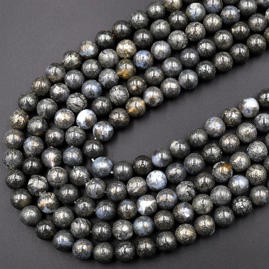 Rare Nipomo Marcasite Agate From California Natural Pyrite in Agate 6mm 8mm 10mm Round Beads Powerful Manifestation Stone 15.5" Strand