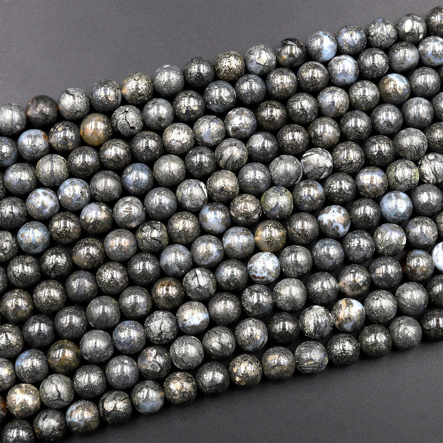 Rare Nipomo Marcasite Agate From California Natural Pyrite in Agate 6mm 8mm 10mm Round Beads Powerful Manifestation Stone 15.5" Strand