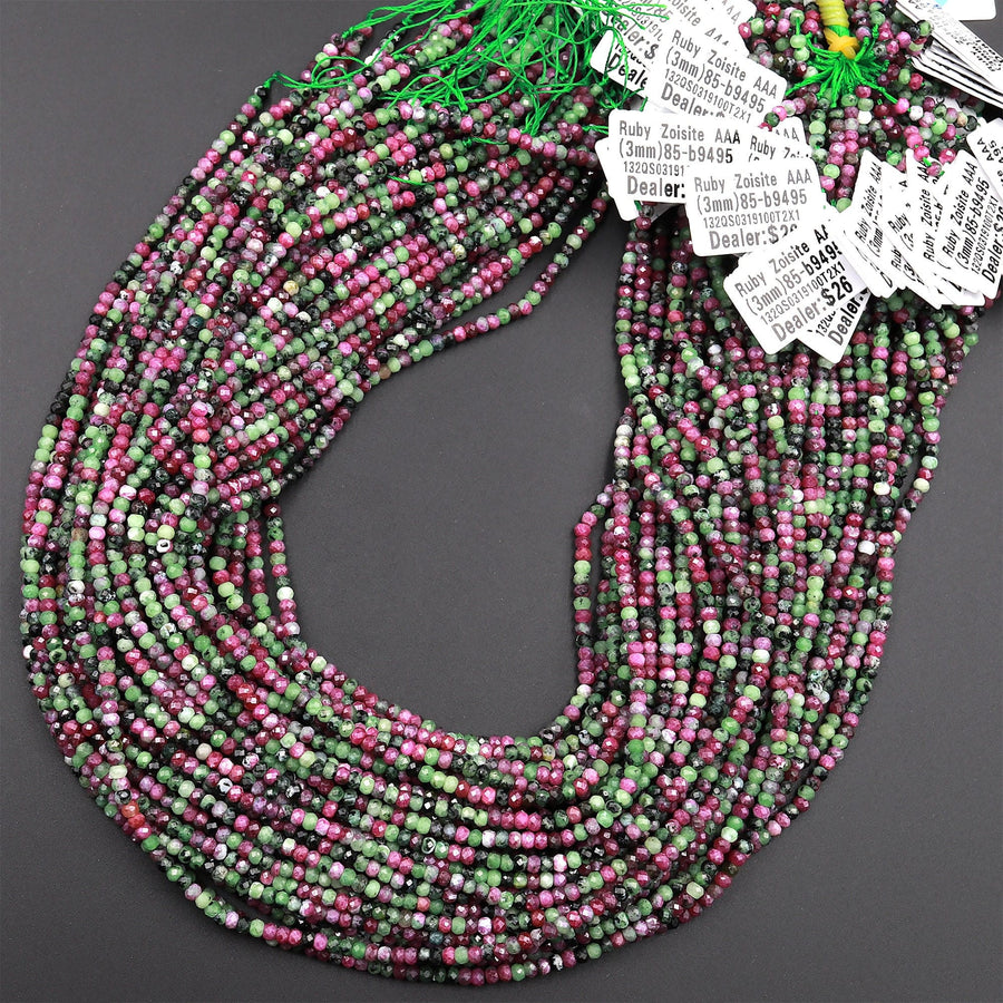 AAA Natural Ruby Zoisite 3mm Faceted Rondelle Beads Micro Laser Diamond Cut Gemstone 16" Strand