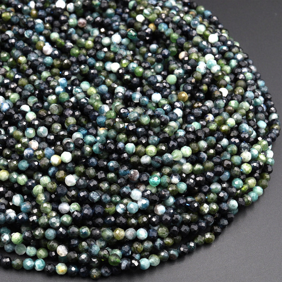 Natural Paraiba Blue Tourmaline Faceted 2mm 3mm 4mm Round Beads Diamond Cut Gemstone 15.5" Strand