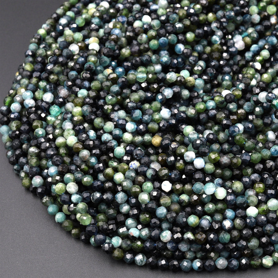 Natural Paraiba Blue Tourmaline Faceted 2mm 3mm 4mm Round Beads Diamond Cut Gemstone 15.5" Strand