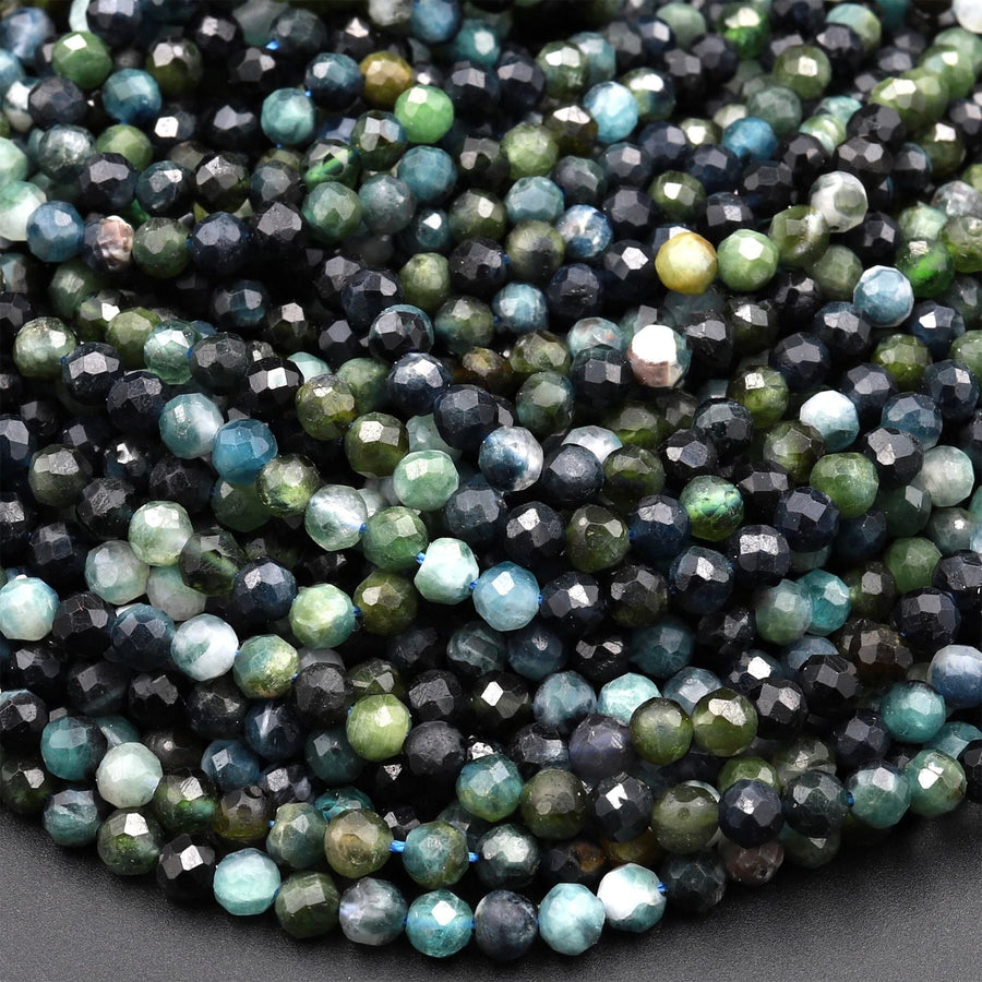 Natural Paraiba Blue Tourmaline Faceted 2mm 3mm 4mm Round Beads Diamond Cut Gemstone 15.5" Strand