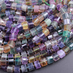 AAA Natural Fluorite Faceted Rondelle Tube Cylinder Beads Laser Diamond Cut Rainbow Purple Green Blue Yellow Gemstone 15.5" Strand