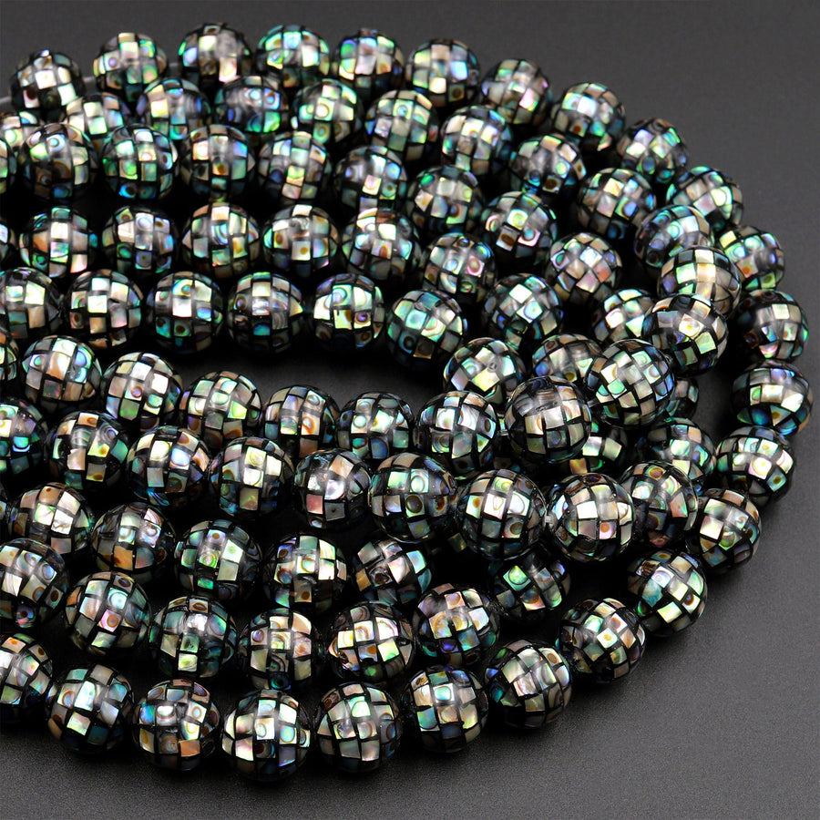 10pcs Hand Made Natural Abalone Shell Mosaic Round Loose Beads 8mm 10mm 12mm 14mm 16mm