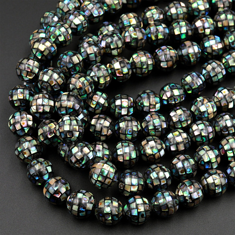 10pcs Hand Made Natural Abalone Shell Mosaic Round Loose Beads 8mm 10mm 12mm 14mm 16mm