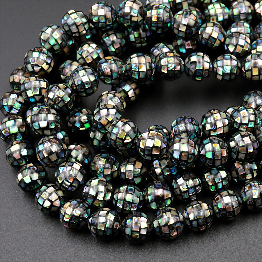 10pcs Hand Made Natural Abalone Shell Mosaic Round Loose Beads 8mm 10mm 12mm 14mm 16mm