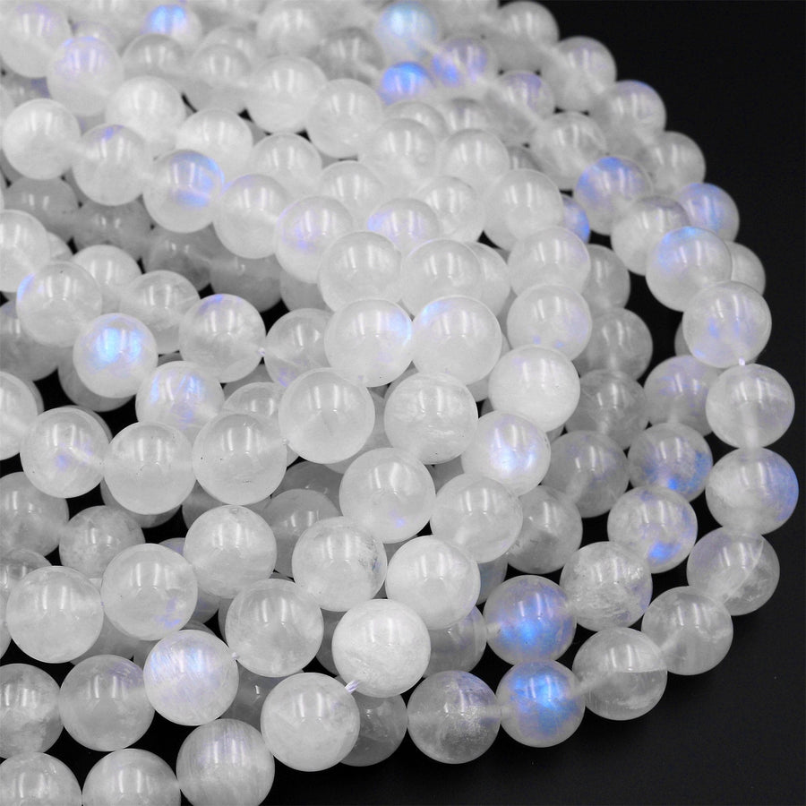 AAA Natural Rainbow Moonstone Round Beads 4mm 6mm 8mm 10mm 11mm 12mm 14mm Blue Flashes Super Translucent Gemstone 15.5" Strand