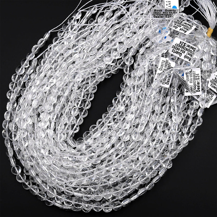 AAA Super Clear Real Genuine Natural Rock Crystal Quartz 6mm 8mm 10mm Faceted Coin Beads 15.5" Strand