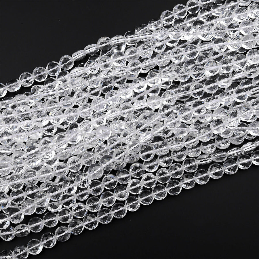 AAA Super Clear Real Genuine Natural Rock Crystal Quartz 6mm 8mm 10mm Faceted Coin Beads 15.5" Strand