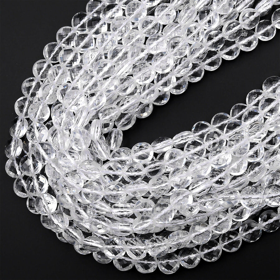 AAA Super Clear Real Genuine Natural Rock Crystal Quartz 6mm 8mm 10mm Faceted Coin Beads 15.5" Strand