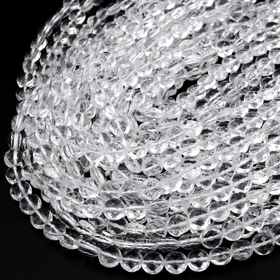 AAA Super Clear Real Genuine Natural Rock Crystal Quartz 6mm 8mm 10mm Faceted Coin Beads 15.5" Strand