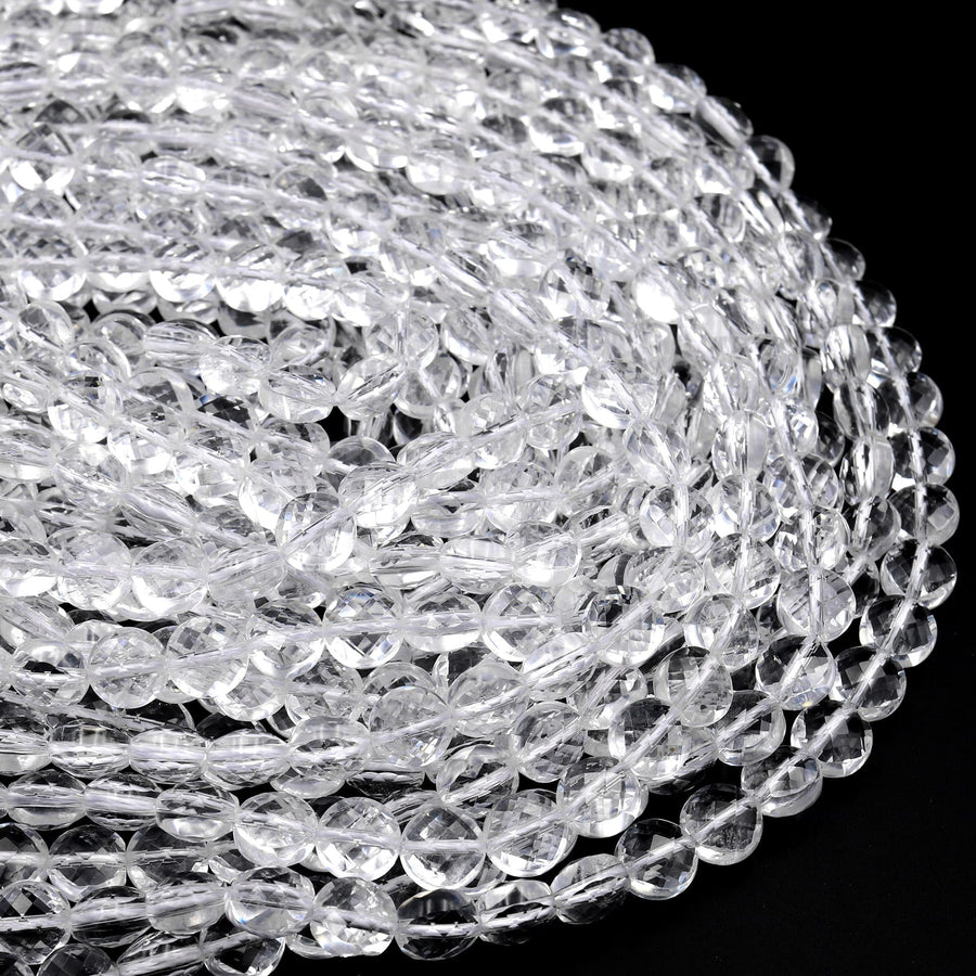 AAA Super Clear Real Genuine Natural Rock Crystal Quartz 6mm 8mm 10mm Faceted Coin Beads 15.5" Strand