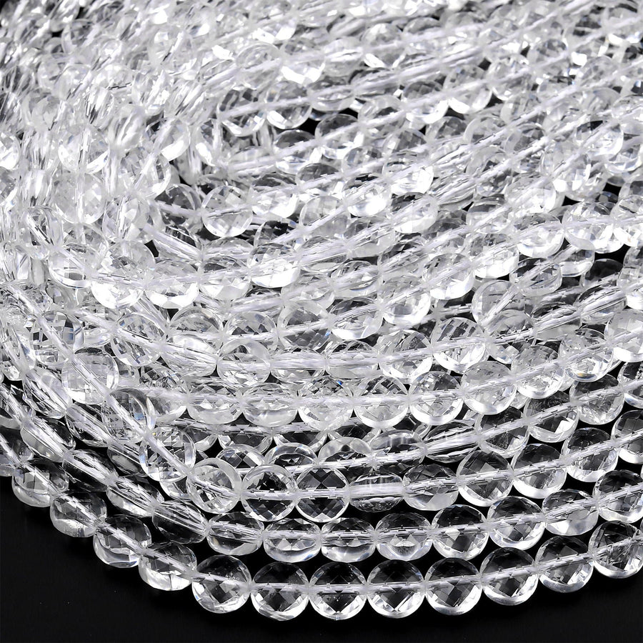 AAA Super Clear Real Genuine Natural Rock Crystal Quartz 6mm 8mm 10mm Faceted Coin Beads 15.5" Strand