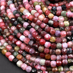 Natural Tourmaline Faceted 4mm 5mm 6mm Cube Square Dice Beads Watermelon Pink Green Red Blue Gemstone 15.5" Strand