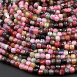 Natural Tourmaline Faceted 4mm 5mm 6mm Cube Square Dice Beads Watermelon Pink Green Red Blue Gemstone 15.5" Strand