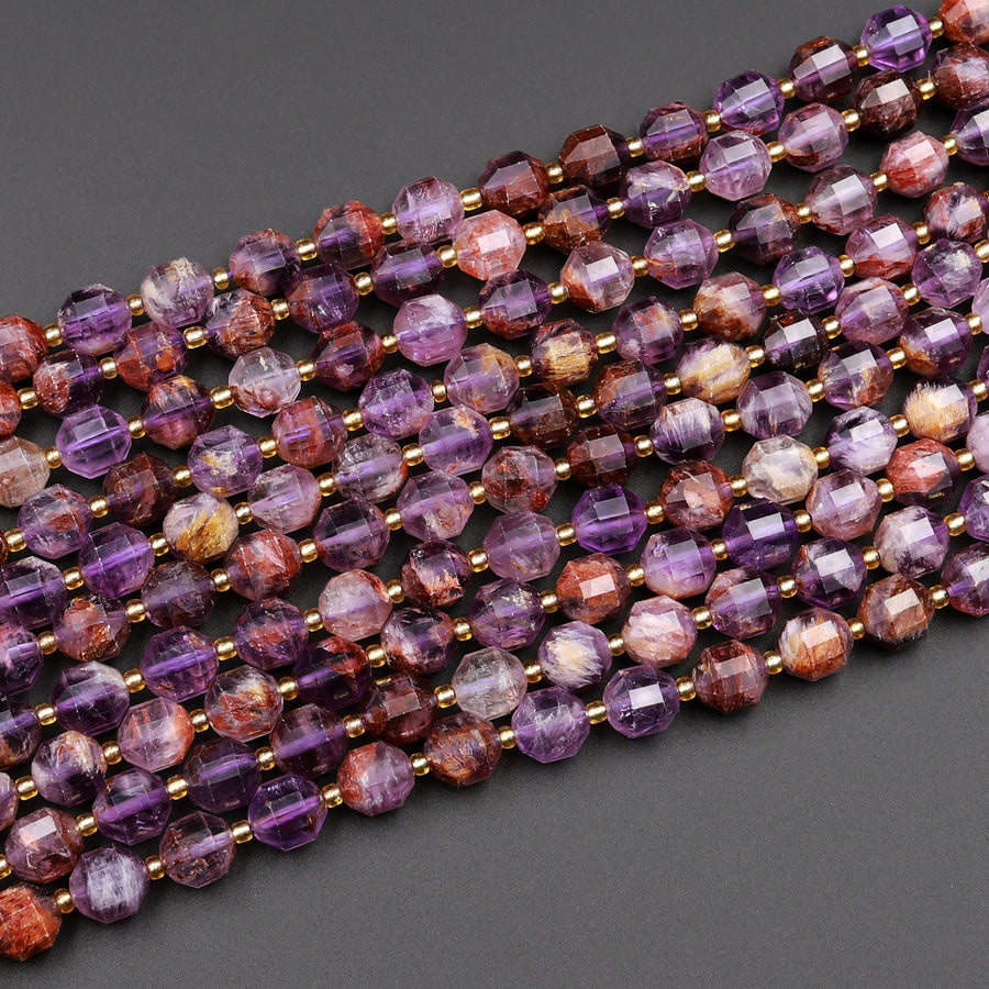 AAA Natural Super 7 Phantom Amethyst Cacoxenite 6mm 8mm 10mm Beads Faceted Energy Prism Double Point Cut 15.5" Strand