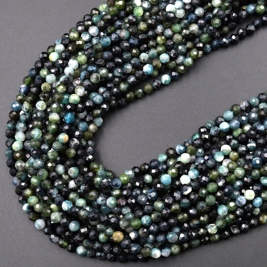 Natural Paraiba Blue Tourmaline Faceted 2mm 3mm 4mm Round Beads Diamond Cut Gemstone 15.5" Strand