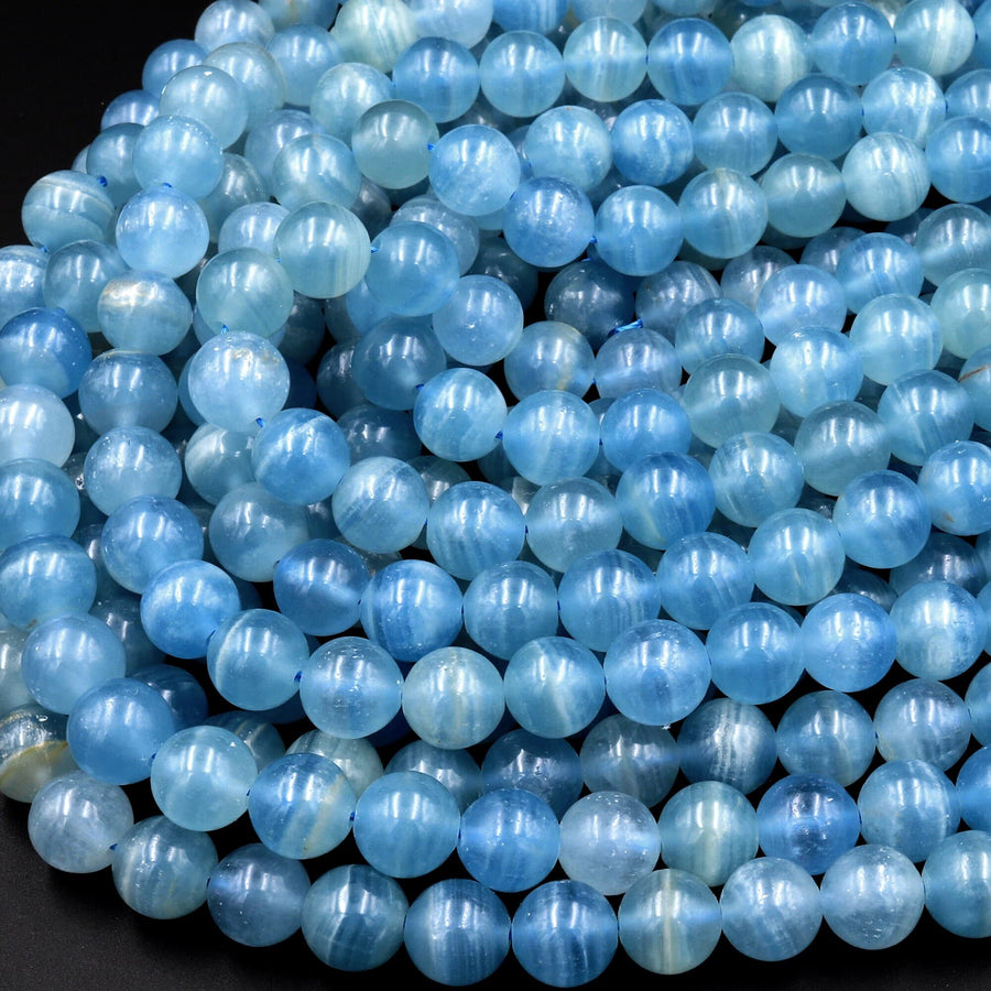 AAA Natural Argentina Lemurian Aquatine Calcite Aka Blue Calcite Smooth Round Beads 6mm 7mm 8mm 9mm 10mm 12mm 13mm Gemstone 15.5" Strand
