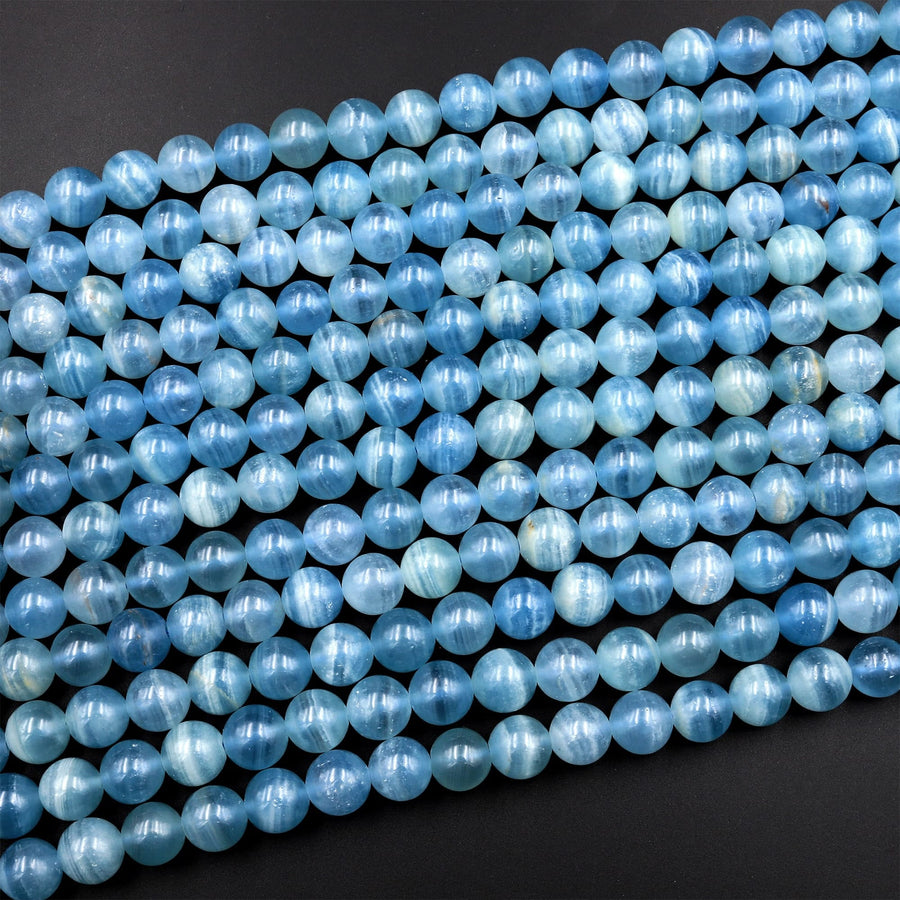 AAA Natural Argentina Lemurian Aquatine Calcite Aka Blue Calcite Smooth Round Beads 6mm 7mm 8mm 9mm 10mm 12mm 13mm Gemstone 15.5" Strand