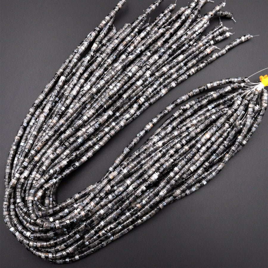 Natural Larvikite 3mm 4mm 6mm Heishi Rondelle Beads Aka Black Labradorite Norway Moonstone 15.5" Strand