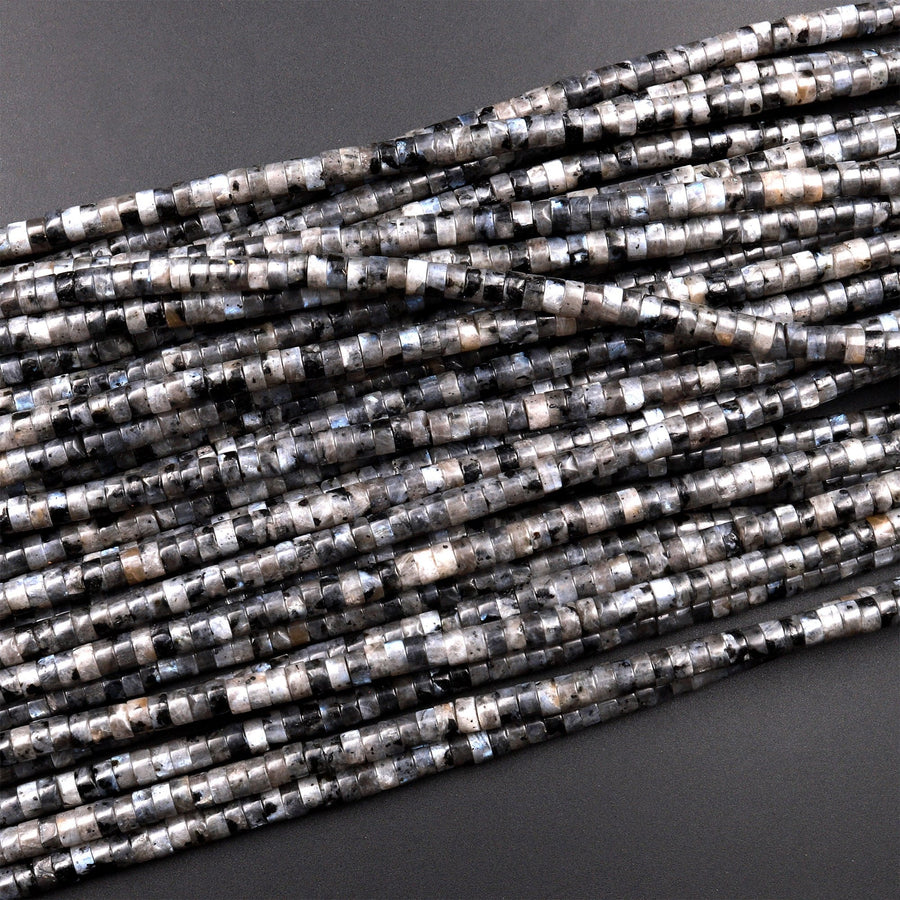 Natural Larvikite 3mm 4mm 6mm Heishi Rondelle Beads Aka Black Labradorite Norway Moonstone 15.5" Strand