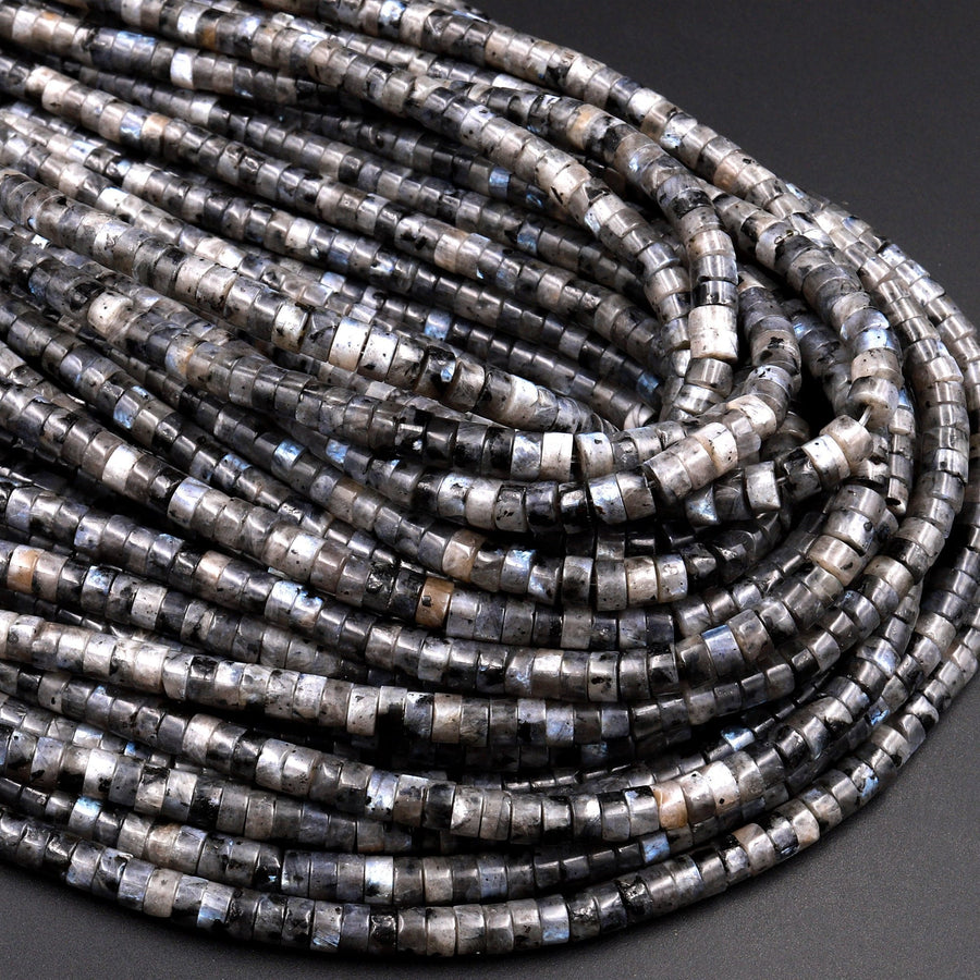 Natural Larvikite 3mm 4mm 6mm Heishi Rondelle Beads Aka Black Labradorite Norway Moonstone 15.5" Strand