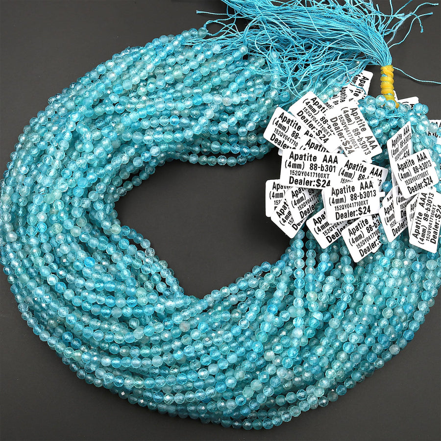 Micro Faceted AA Natural Apatite Faceted 4mm Round Beads Translucent Aqua Blue Gemstone 15.5" Strand