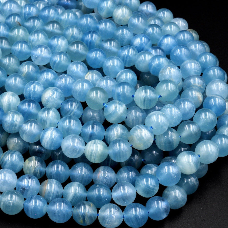 AAA Natural Argentina Lemurian Aquatine Calcite Aka Blue Calcite Smooth Round Beads 6mm 7mm 8mm 9mm 10mm 12mm 13mm Gemstone 15.5" Strand