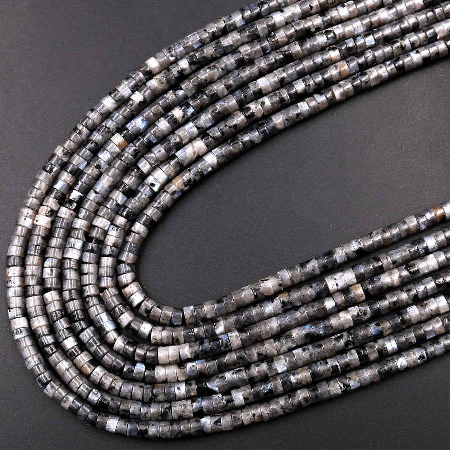 Natural Larvikite 3mm 4mm 6mm Heishi Rondelle Beads Aka Black Labradorite Norway Moonstone 15.5" Strand