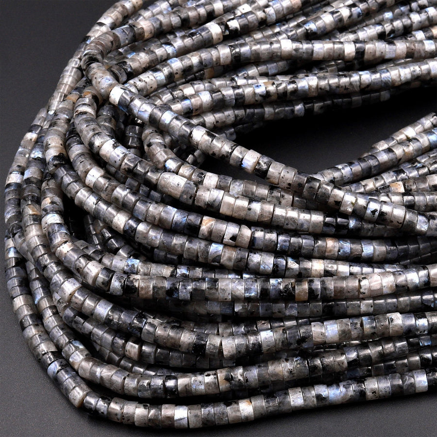 Natural Larvikite 3mm 4mm 6mm Heishi Rondelle Beads Aka Black Labradorite Norway Moonstone 15.5" Strand
