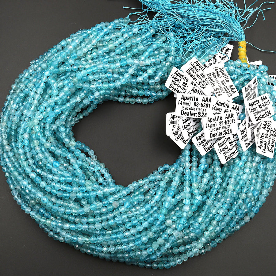 Micro Faceted AA Natural Apatite Faceted 4mm Round Beads Translucent Aqua Blue Gemstone 15.5" Strand