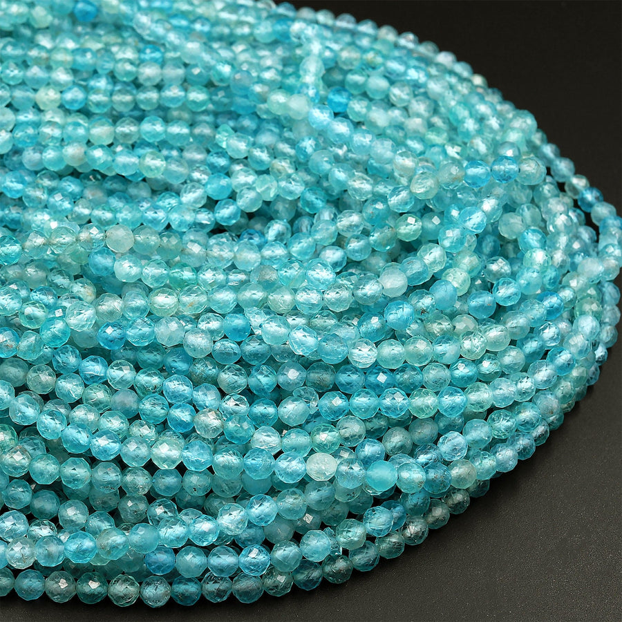 Micro Faceted AA Natural Apatite Faceted 4mm Round Beads Translucent Aqua Blue Gemstone 15.5" Strand