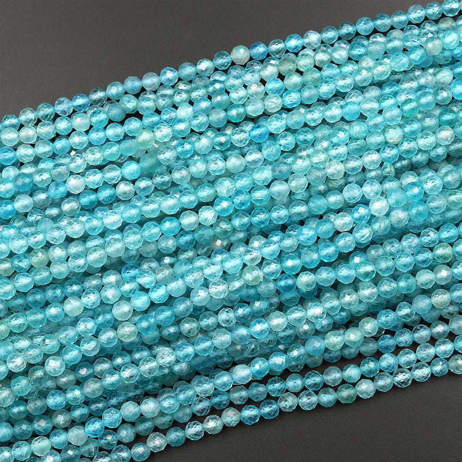 Micro Faceted AA Natural Apatite Faceted 4mm Round Beads Translucent Aqua Blue Gemstone 15.5" Strand