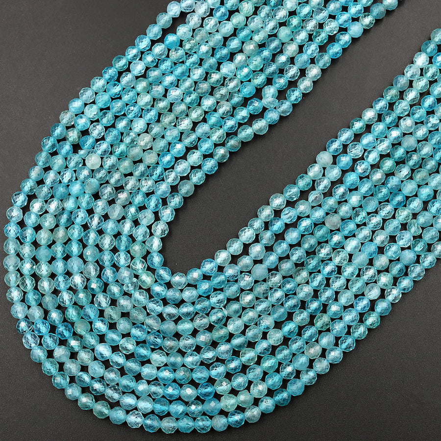 Micro Faceted AA Natural Apatite Faceted 4mm Round Beads Translucent Aqua Blue Gemstone 15.5" Strand