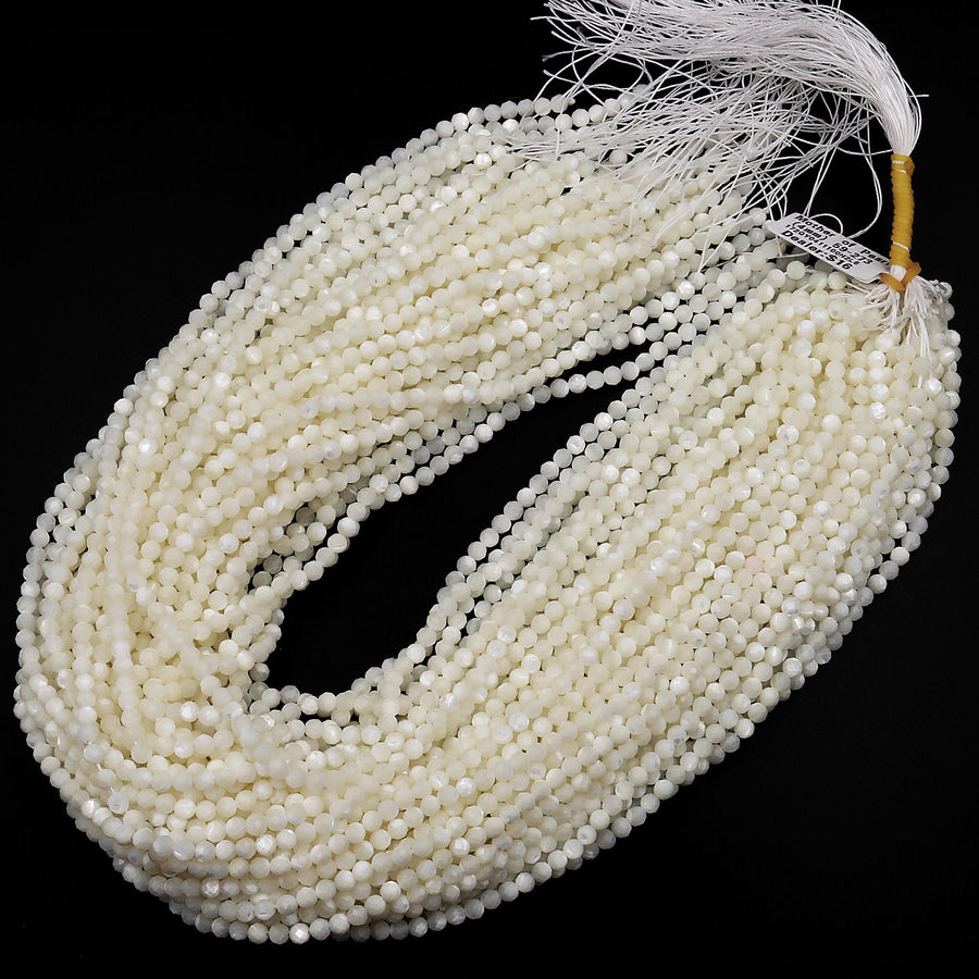 AAA Natural White Mother of Pearl 2mm 3mm 4mm 6mm 8mm Faceted Round Beads Laser Diamond Cut Iridescent Pearl Gemstone 15.5" Strand