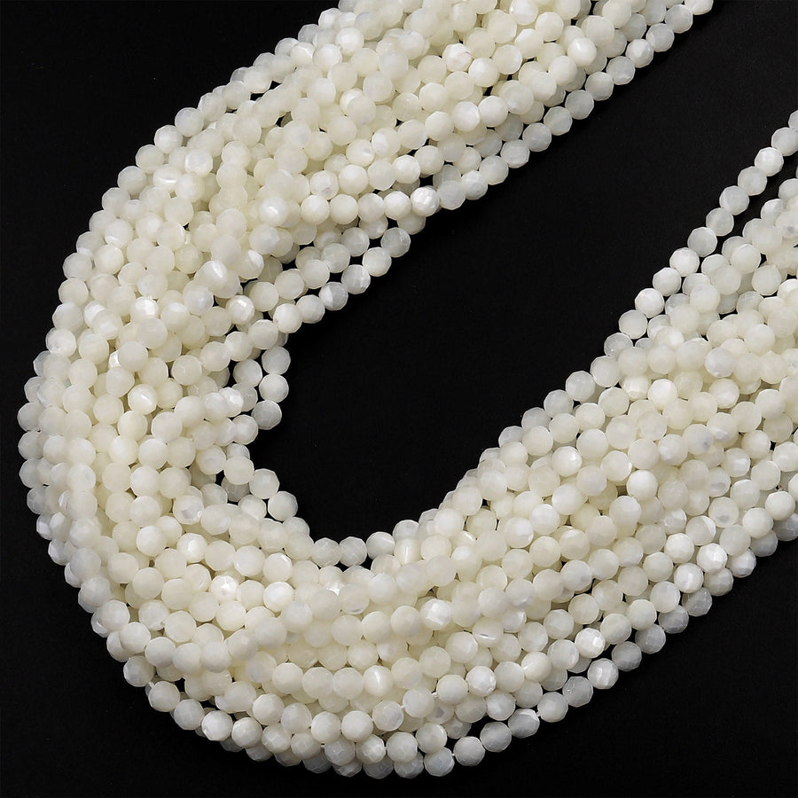 AAA Natural White Mother of Pearl 2mm 3mm 4mm 6mm 8mm Faceted Round Beads Laser Diamond Cut Iridescent Pearl Gemstone 15.5" Strand