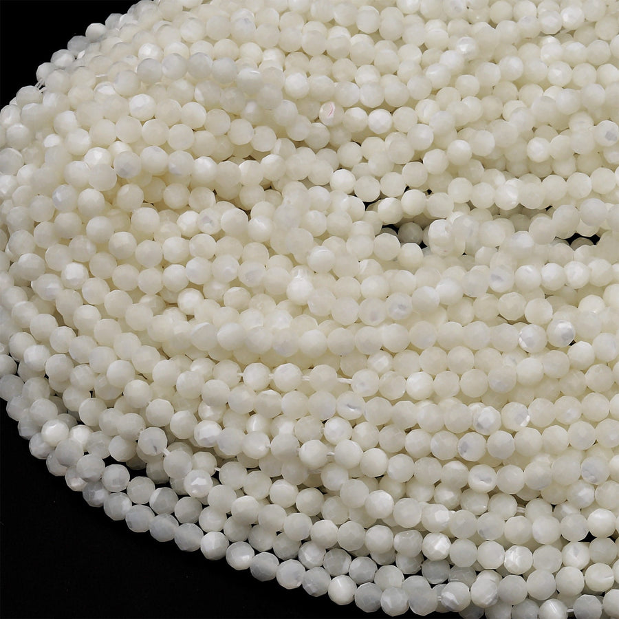AAA Natural White Mother of Pearl 2mm 3mm 4mm 6mm 8mm Faceted Round Beads Laser Diamond Cut Iridescent Pearl Gemstone 15.5" Strand