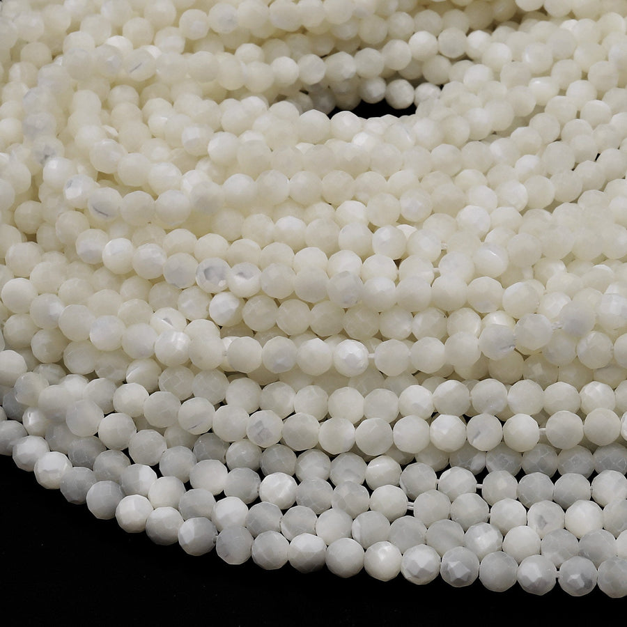 AAA Natural White Mother of Pearl 2mm 3mm 4mm 6mm 8mm Faceted Round Beads Laser Diamond Cut Iridescent Pearl Gemstone 15.5" Strand