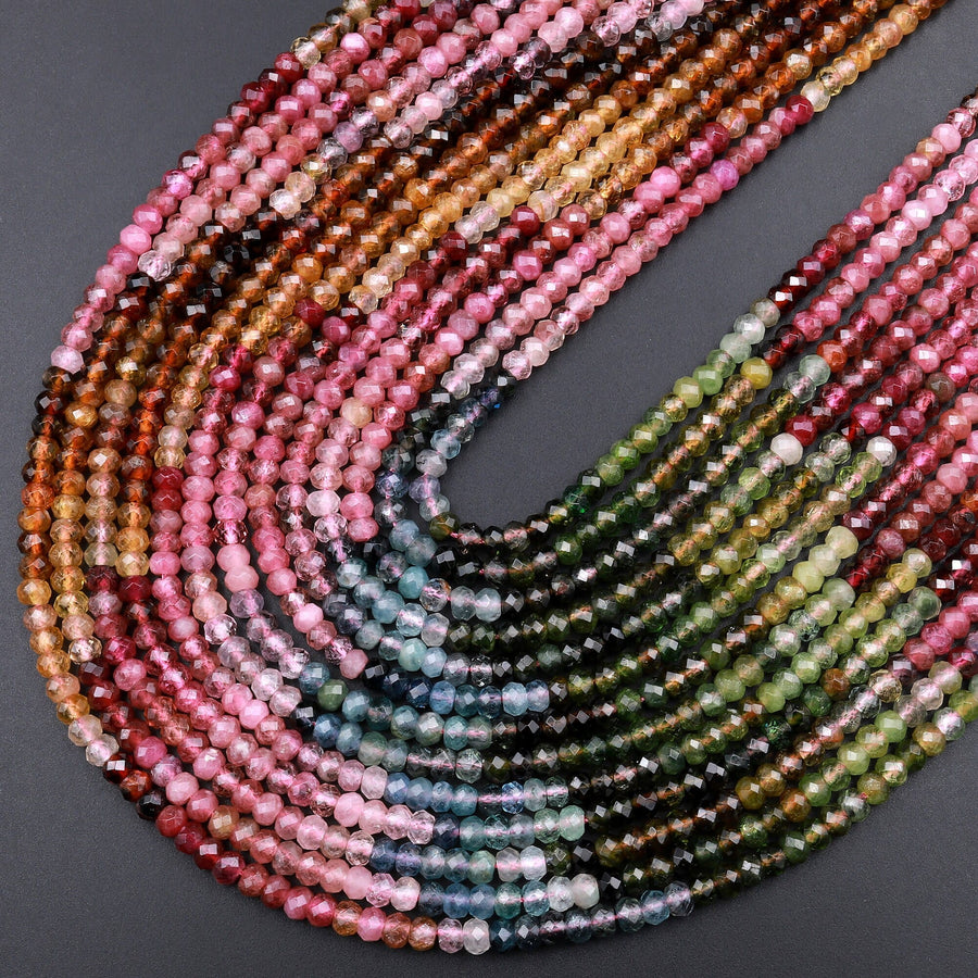 AAA Natural Multicolor Watermelon Tourmaline Micro Faceted 3mm 4mm Rondelle Beads Pink Green Blue Cognac Gemstone 15.5" Strand