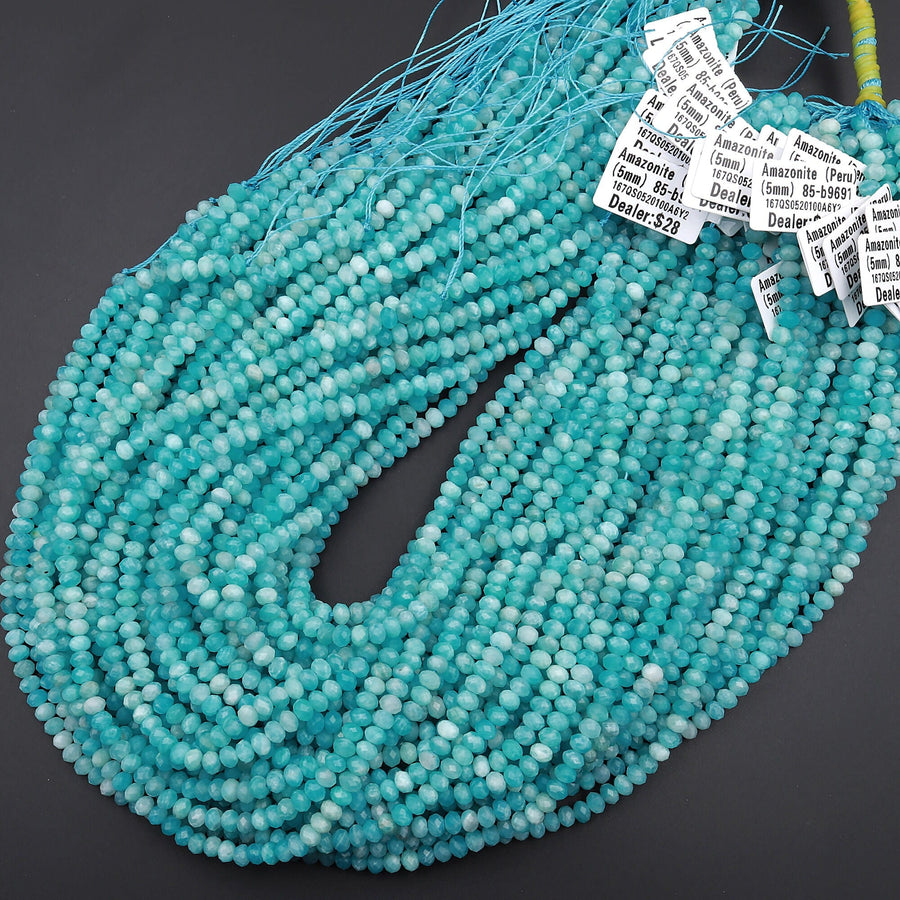 AAA Peruvian Amazonite 5mm Faceted Rondelle Beads Micro Diamond Cut Natural Sea Blue Green Gemstone 15.5" Strand