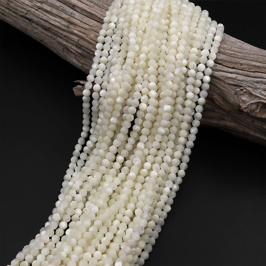 AAA Natural White Mother of Pearl 2mm 3mm 4mm 6mm 8mm Faceted Round Beads Laser Diamond Cut Iridescent Pearl Gemstone 15.5" Strand