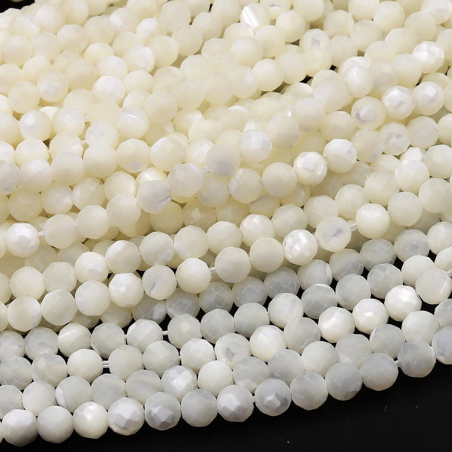 AAA Natural White Mother of Pearl 2mm 3mm 4mm 6mm 8mm Faceted Round Beads Laser Diamond Cut Iridescent Pearl Gemstone 15.5" Strand