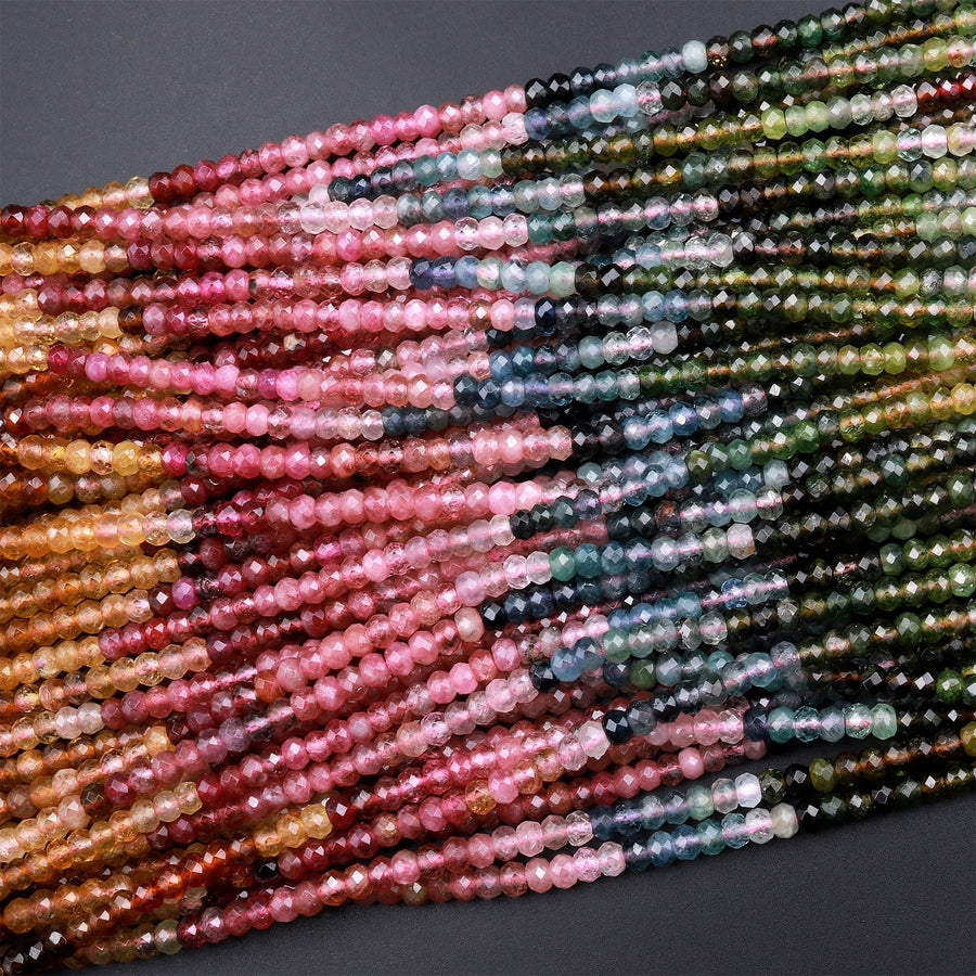 AAA Natural Multicolor Watermelon Tourmaline Micro Faceted 3mm 4mm Rondelle Beads Pink Green Blue Cognac Gemstone 15.5" Strand