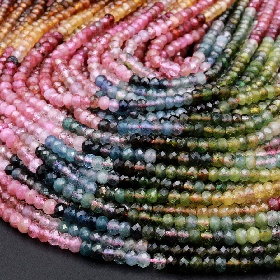 AAA Natural Multicolor Watermelon Tourmaline Micro Faceted 3mm 4mm Rondelle Beads Pink Green Blue Cognac Gemstone 15.5" Strand